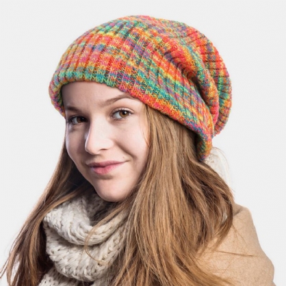 Unisex Ullblandet Regnbue Farge Striper Mønster Pluss Fløyel Tykk Varm Par Hatt Beanie Strikket Lue
