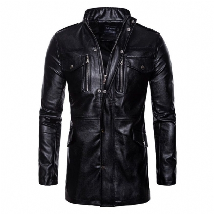 Mens Mid Long Black Stand Collar Pocket Biker Faux Leather Jacket