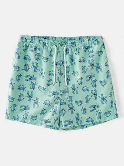 Mens Carb Cartoon Print Elastic Waist Beach Shorts