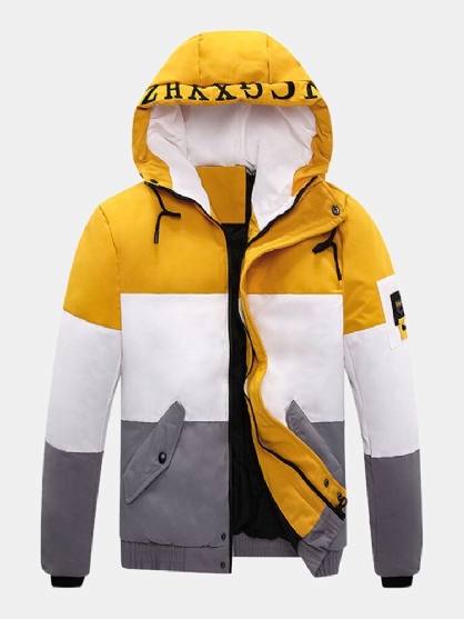 Mens Letter Print Color Block Patchwork Varm Hettejakke Med Lomme