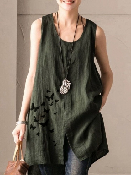 Butterfly Print Ermeløs Bluse Kvinner Casual Split Vintage Tank Top