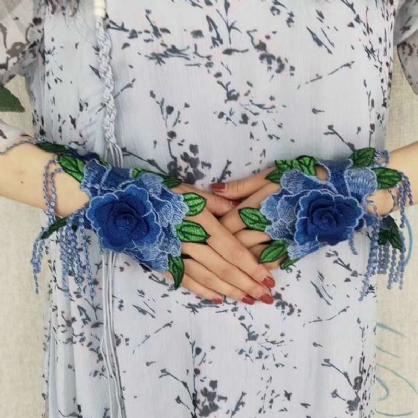 Kvinner Etnisk Broderi Hallow Wristband Fashion Floral Half Cover Finger Tassel Hansker