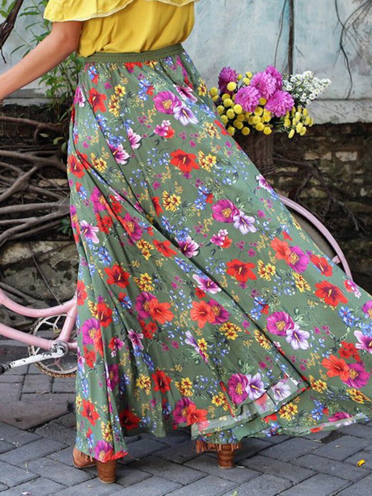 Fargerik Blomstertrykk Big Swing Elastisk Midje Holiday Casual Lang Skjørt For Kvinner