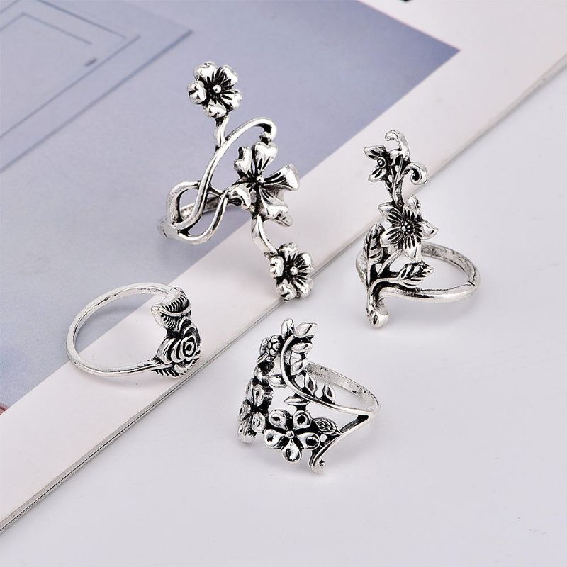 Vintage 4 Stk Ringsett Bohemian Flower Silver Rings Punk Knuckle Ring Set For Dame