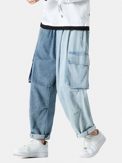 Mens Kontrast Patchwork Snor Elastisk Midje Jeans Med Stor Lomme