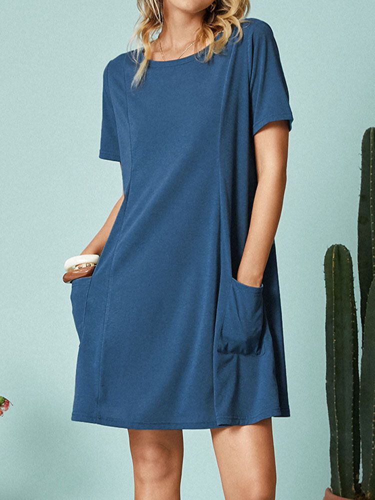 Ensfarget Kort Ermet Lomme O-hals Casual Kjole For Kvinner