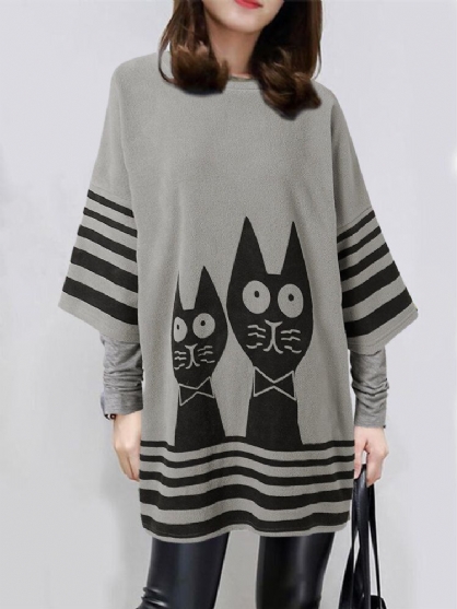 Kvinner Cartoon Cat Stripe Print Patchwork Løse Kjoler