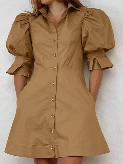 Kvinner Ensfarget Puff-erm Button Up Revers Casual Mini Kjole Med Lomme
