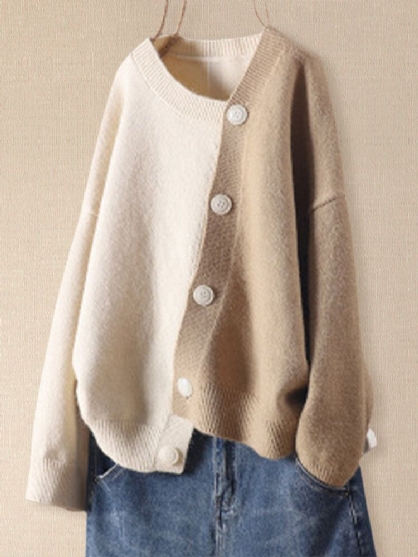 Kvinner Kontrast Patchwork Asymmetrisk Button Strikk Drop Shoulder Casual Cardigans