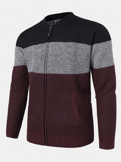 Mens Colorblock Strikket Glidelås Baseball Krage Genser Cardigans