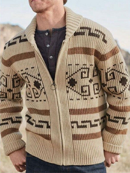 Mens Etnisk Trykk Glidelås Strikket Casual Slim Fit Langermet Cardigan Genser