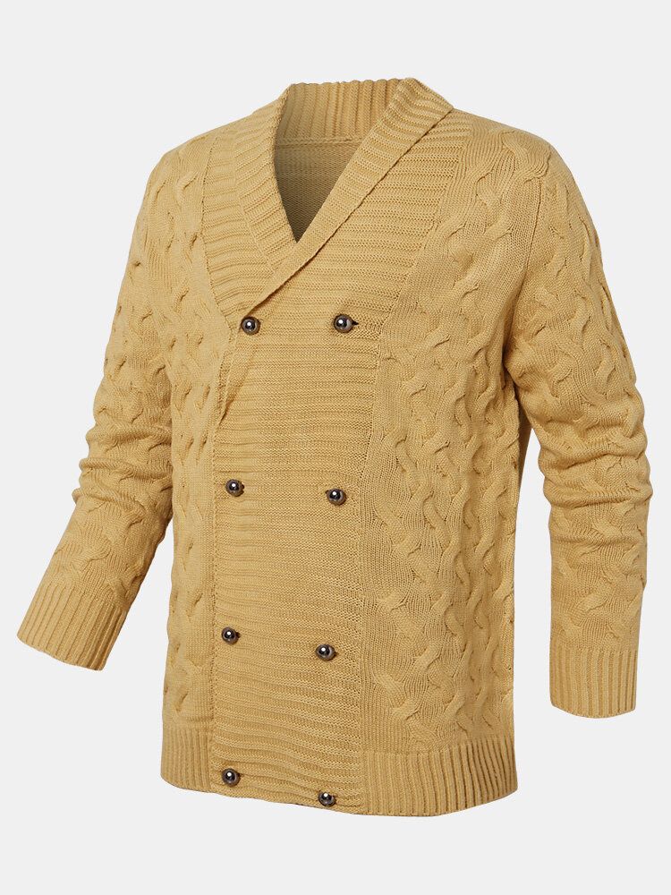 Mens Strikket Ensfarget Dobbeltbrystet Langermet Ensfarget Cardigans