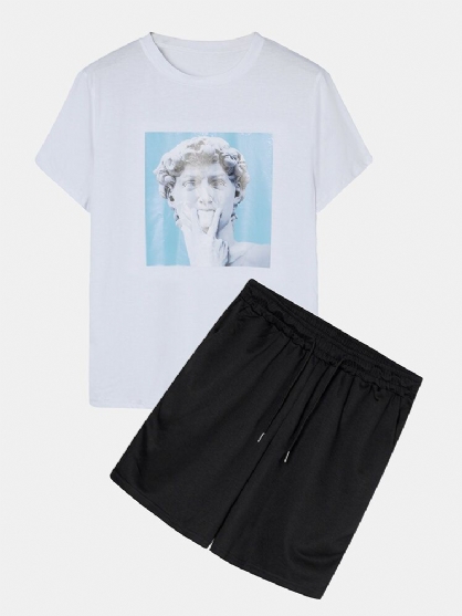 Bomull Mens Gips Statue Print Drawstring Kortermet Løse Todelt Antrekk
