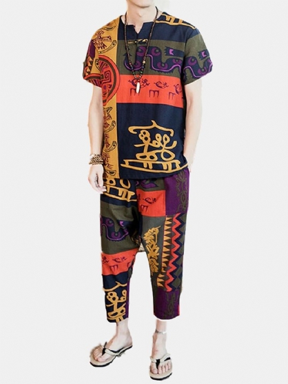 Mens National Style Summer Cotton Short Sleeved Suit
