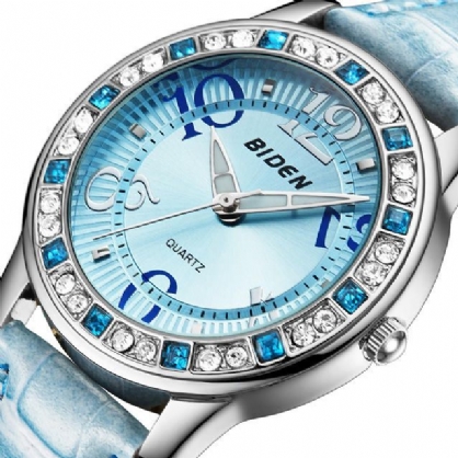Biden Bd1110 Classic Crystal Kvinner Armbåndsur Skinnrem Casual Quartz Watch