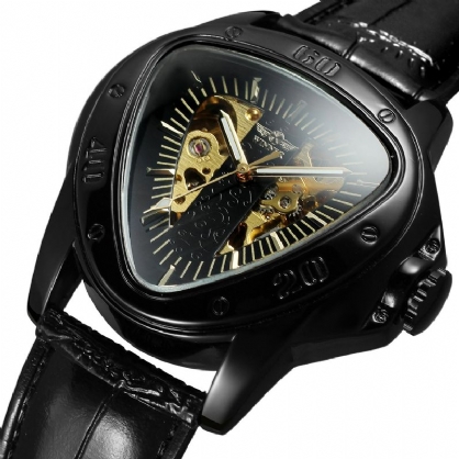 Luxury Vintage Herre Automatic Watch Hollow Art Triangular Dial Vanntett Lærrem Mekanisk Klokke