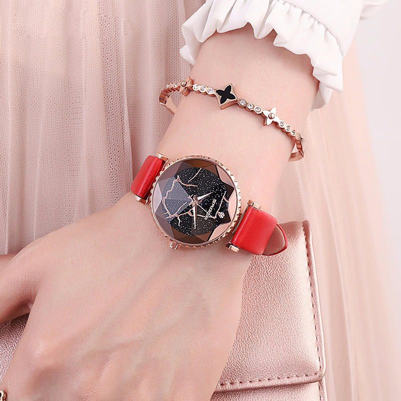 Sanda P231 Dame Fashion Star Transparent Dial Leather Band Quartz Watch