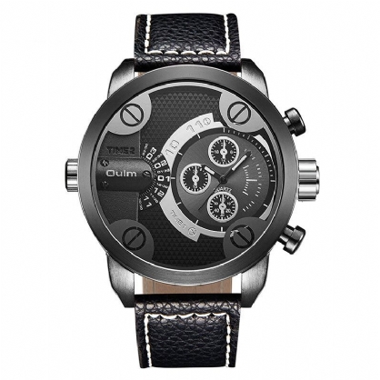 Vintage Herreklokke Stor Urskive Dual Time Zone Leather Quartz Watch