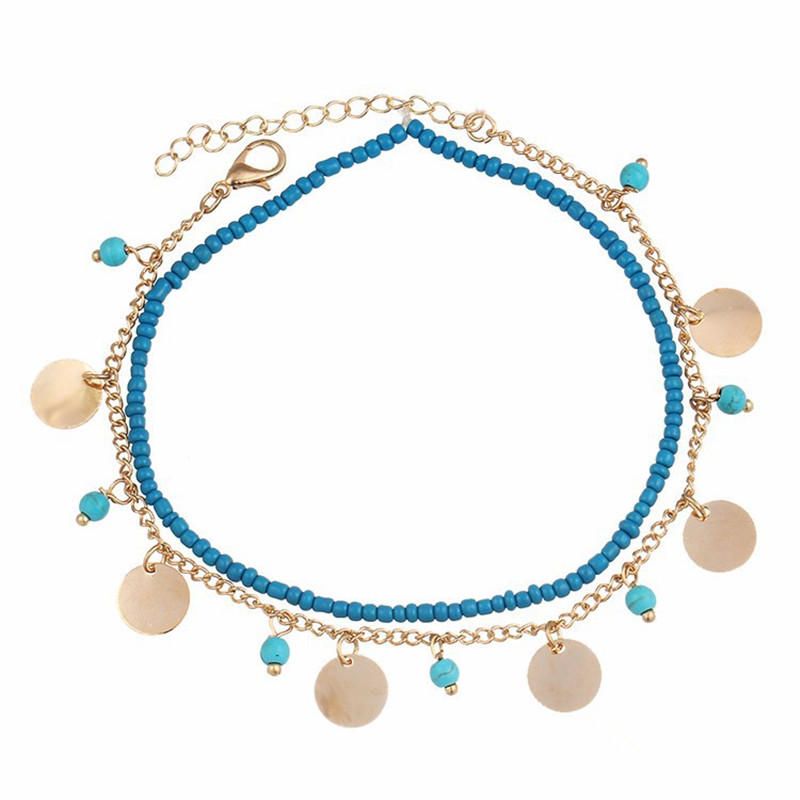 Bohemian Dame Anklet Summer Beach Multilayer Blue Bead Coin Anheng Ankelarmbånd Ring