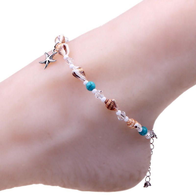 Bohemian Starfish Anklet Natural Stone Beaded Chain Barefoot Sandals Beach Foot Jewelry For Dame