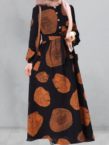 Kvinner Bomull Tree Ring Print Kaftan Sidelommer Maxi Kjole Med Belte