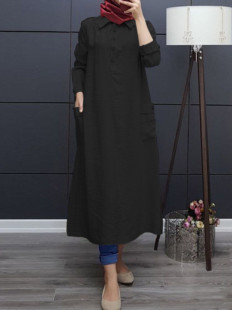 Kvinner Ensfarget Sidelomme Langermet Kaftan-kappe Maxikjole Med Halv Knapp