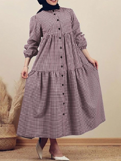 Kvinner Plaid Print Puff Sleeve Revers Collar Casual Loose Button Maxi Dress