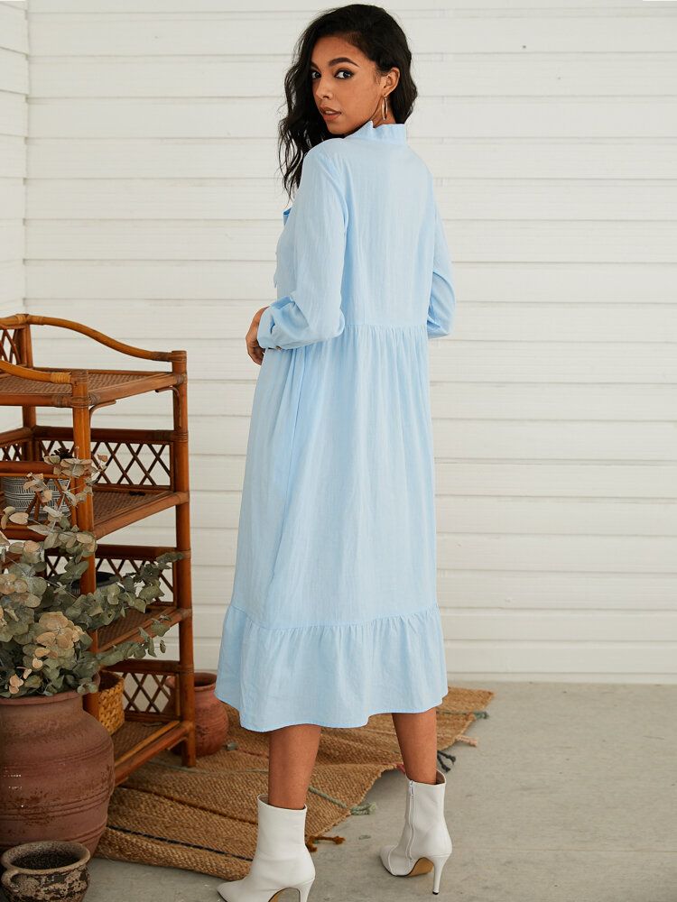 Kvinner Tie Neck Frill Hem Knapperede Ermer Bomull Casaul Maxi Kjoler