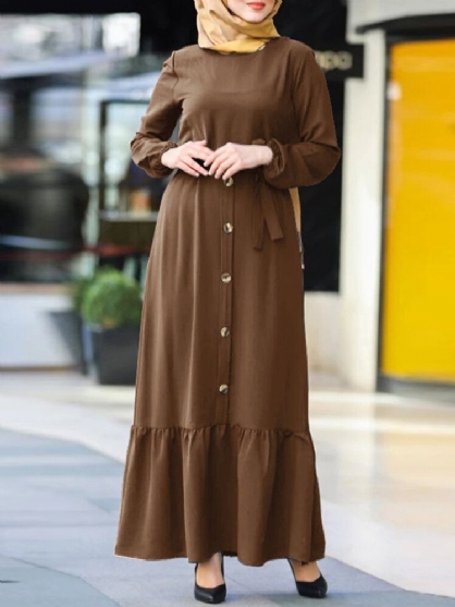 Vintage Vintage Bandage Ruffles Hem Puff Sleeve Button Shirt Robe Maxi Dress