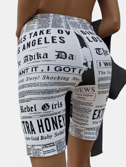 Avslappet Avisutskrift High Waist Shorts Sport Leggings For Kvinner