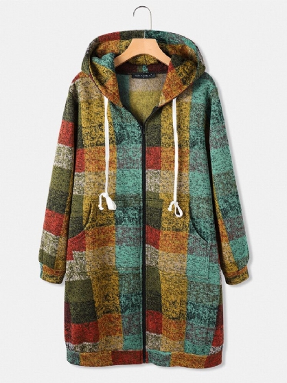 Kvinner Fargerik Plaid Glidelås Langermet Casual Hettefrakker Med Lomme