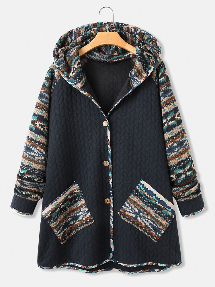 Kvinner Vintage Etnisk Mønster Print Patchwork Hettejakke Med Lomme