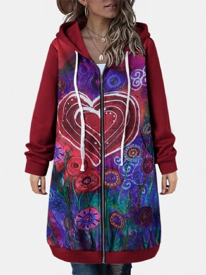 Kvinner Vintage Heart Floral Printed Zipper Front Hooded Coat With Pocket