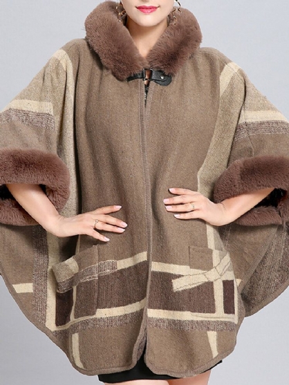 Kvinner Vintage Print Warm Faux Fur Hooded Coats With Pocket