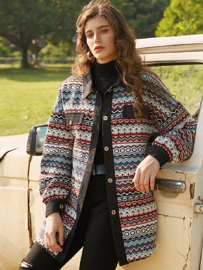 Vintage Jacquard Patch Corduroy Button Langermede Strøk