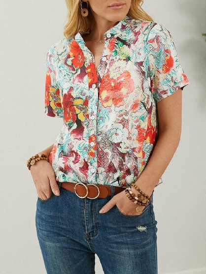 Calico Print Kort Ermet Stativ Krage Knapp Bluse For Kvinner