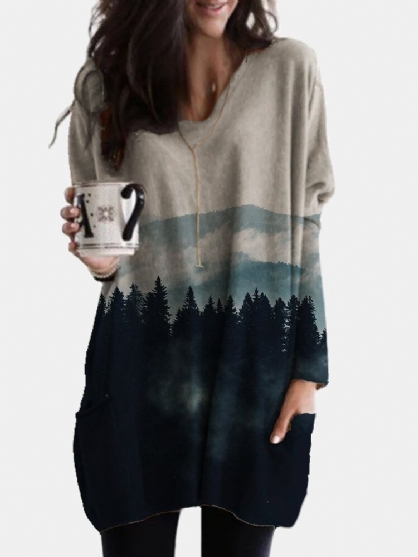 Casual Landscape Printed V-neck Langermet Sidelommebluse For Kvinner