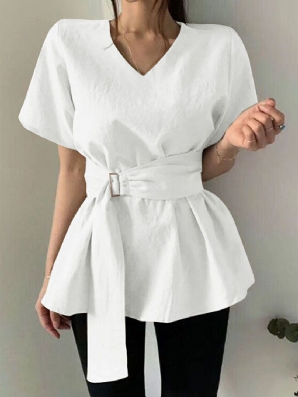 Kvinner Ensfarget V-hals Casual Kortermet Bluser Med Belte