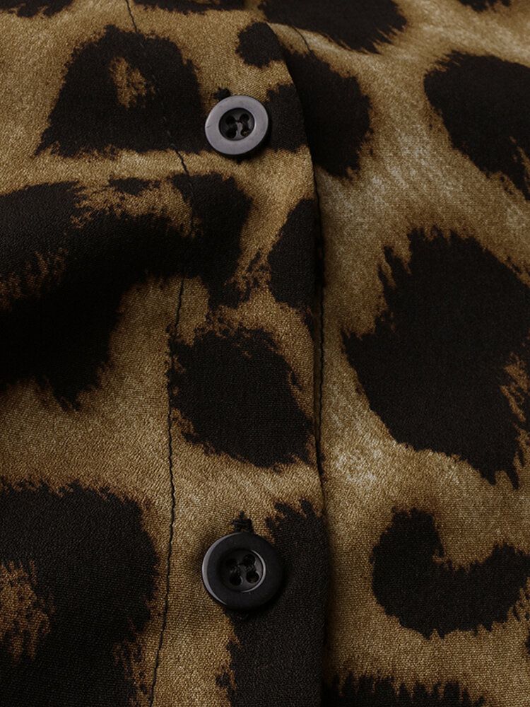 Kvinner Leopard Print Ruffles Trim Lapel Casual Langermet Bluser