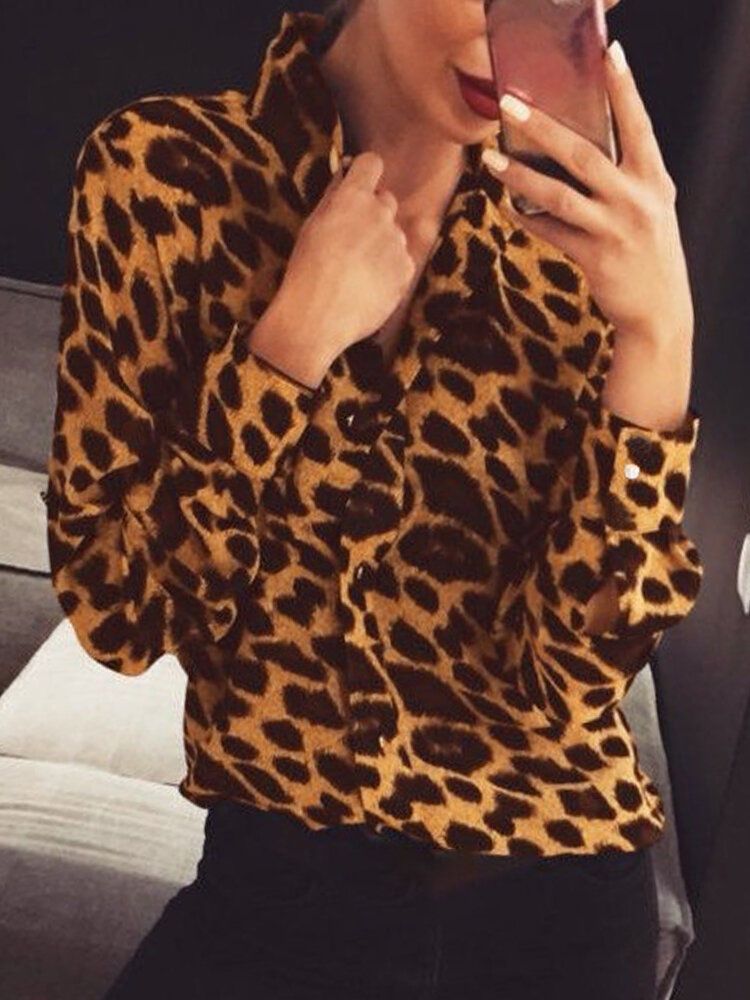 Kvinner Leopard Print Stilig Regular Fit Casual Lapel Skjorter Med Lange Armer