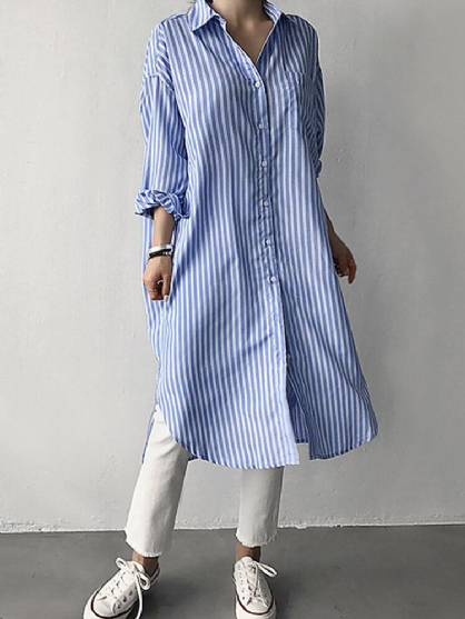 Kvinner Stripe Lapel Knelengde Lange Ermer Løse Skjorter