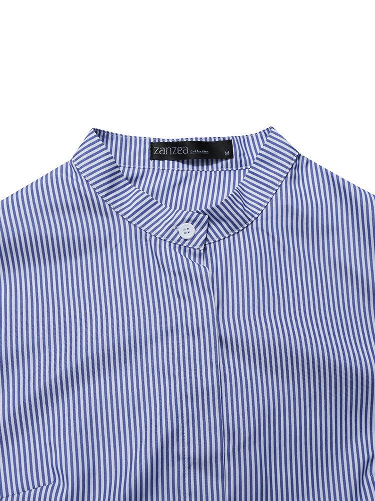 Kvinner Stripe Puff Ermet Stativ Krage Knapp Løse Casual Skjorter