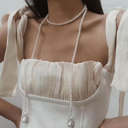 Enkeltlag Kunstig Perlehalskjede Superlangt Knyttet Uregelmessig Anheng Beaded Necklace Genser Kjede