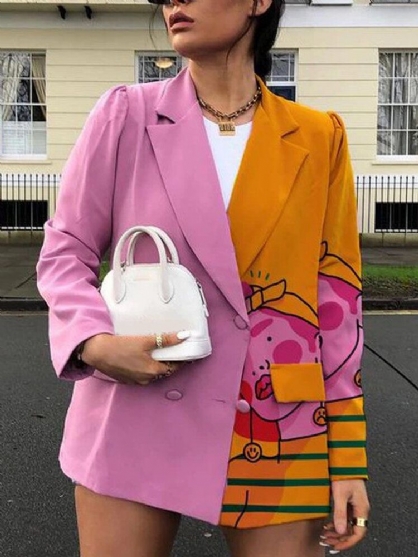 Kvinner Figur Print Kontrast Patchwork Lapel Casaul Langermede Blazers