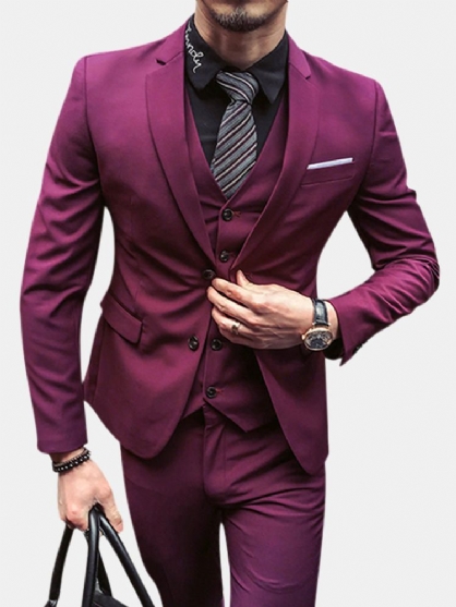 Mens Tre Deler Ensfarget Slank Fit Blazerdrakt