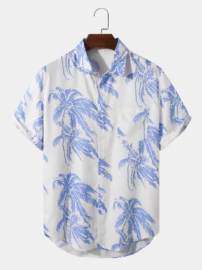 Herre Coconut Tree Print Lapel Kortermet Skjorte