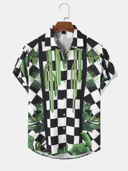 Mens Kaktus Rutete Mønster Korte Ermer Casual Skjorter