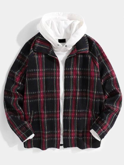 Herre Plaid Lapel Glidelås Front Langermet Vintage Jakke Med Lomme